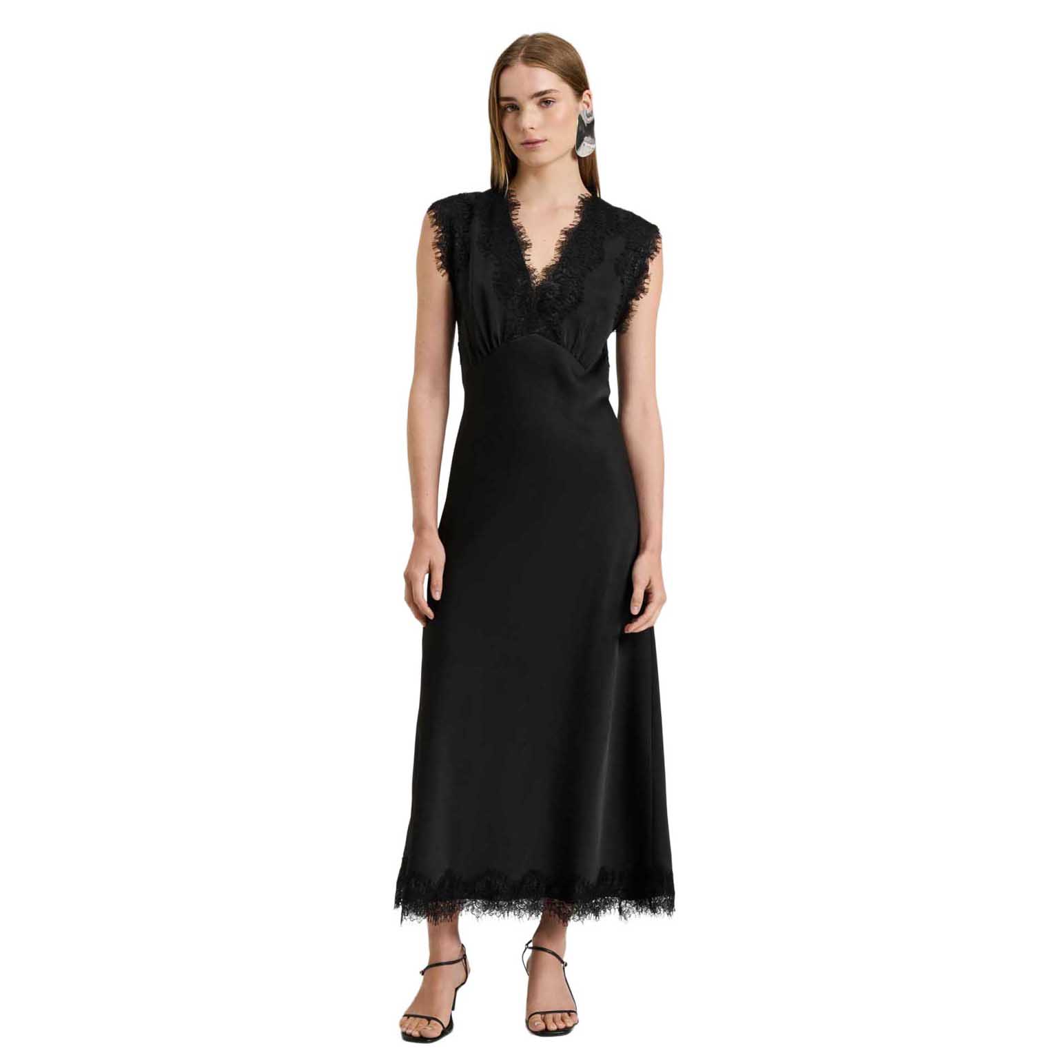 Veronika Maine Washed Satin Lace Trim Midi Dress